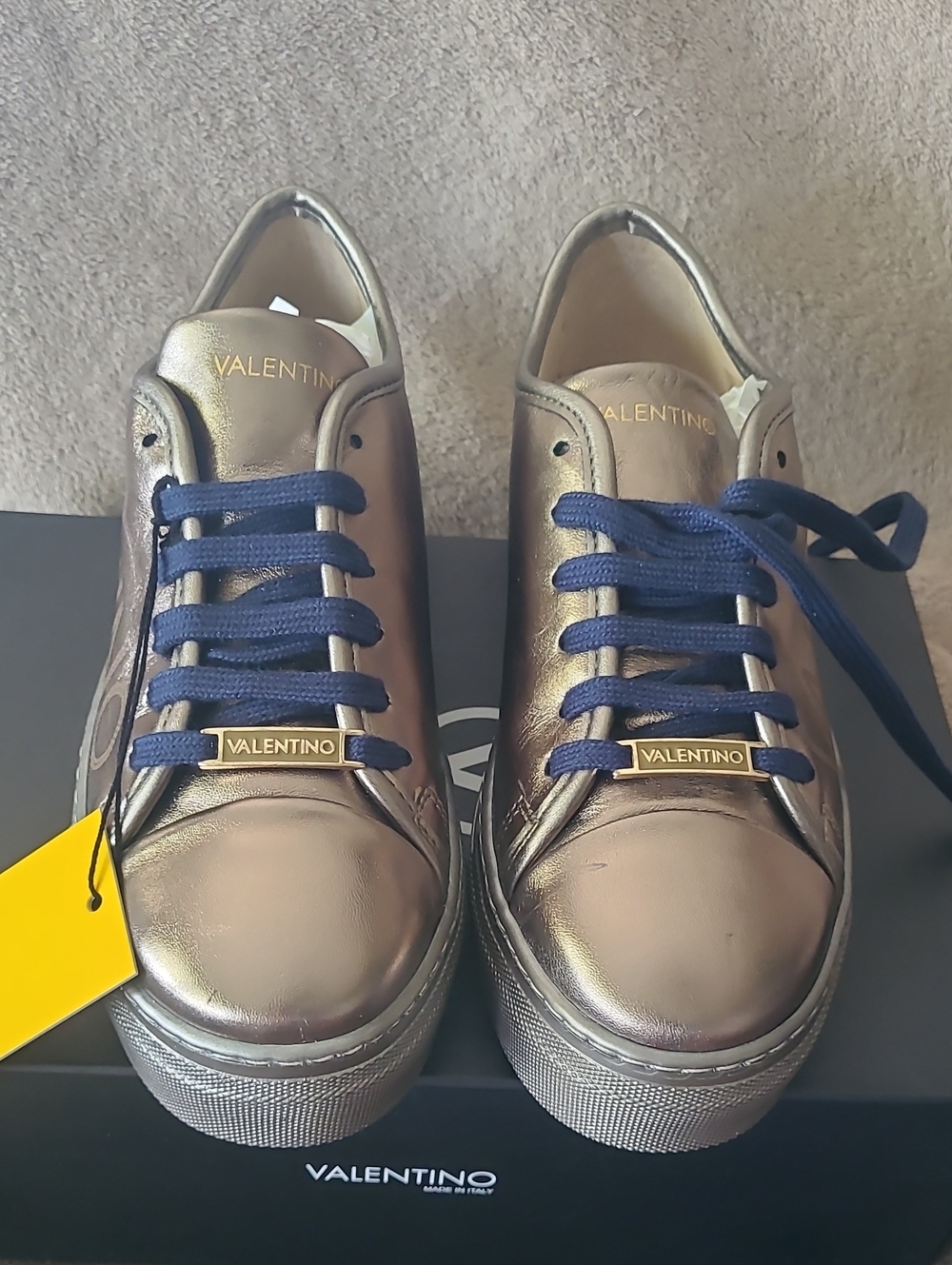 NWT...Valentino Women's Metallic Bronze Low-Top Sneakers with Navy Laces